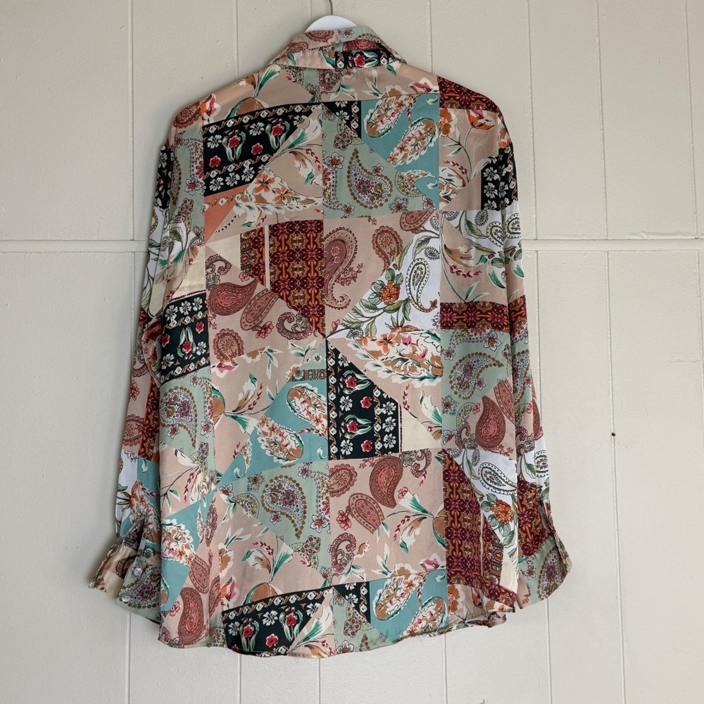 ZARA Patchwork Paisley‎ Print Button Down Long Sleeve Shirt Women XL Boho Casual - Picture 2 of 8